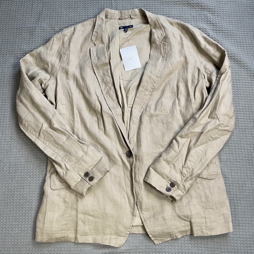 New Gap Linen Blazer Jacket 14 Womens Tan Khaki Career Office